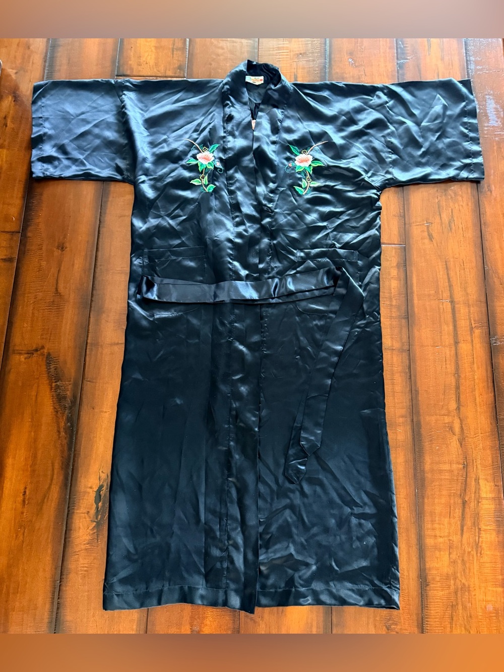 Vintage Black Chinese Silk Embroidered Women's Robe with Belt